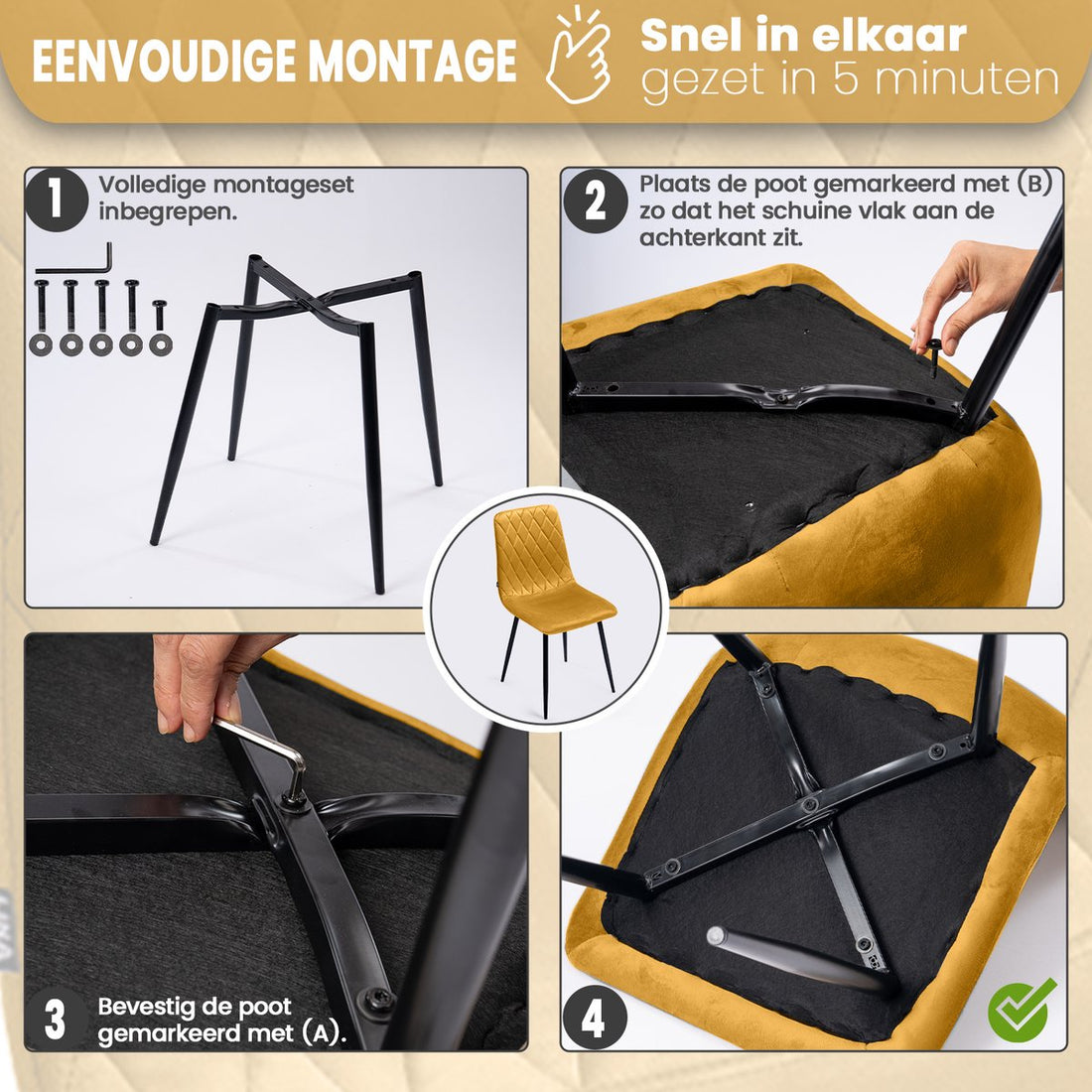Lina® Elisia Eetkamerstoel - Fel Geel - Set van 4