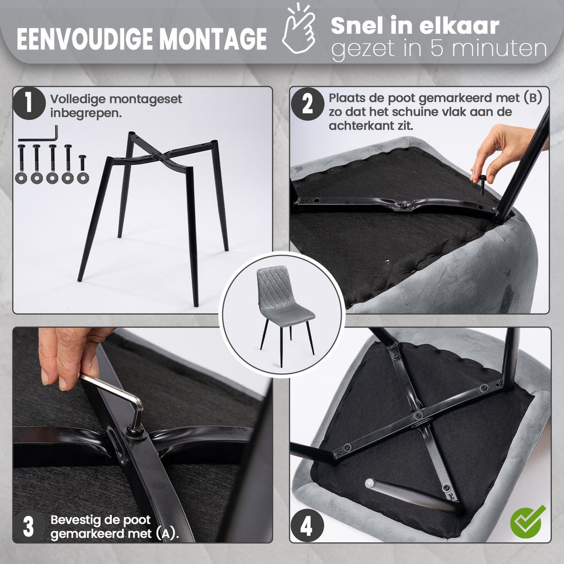 Lina® Elisia Eetkamerstoel - Grijs - Set van 4