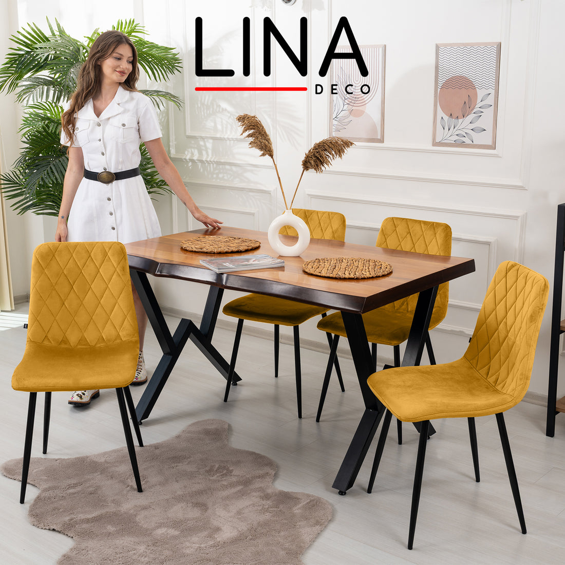 Lina® Elisia Eetkamerstoel - Fel Geel - Set van 4